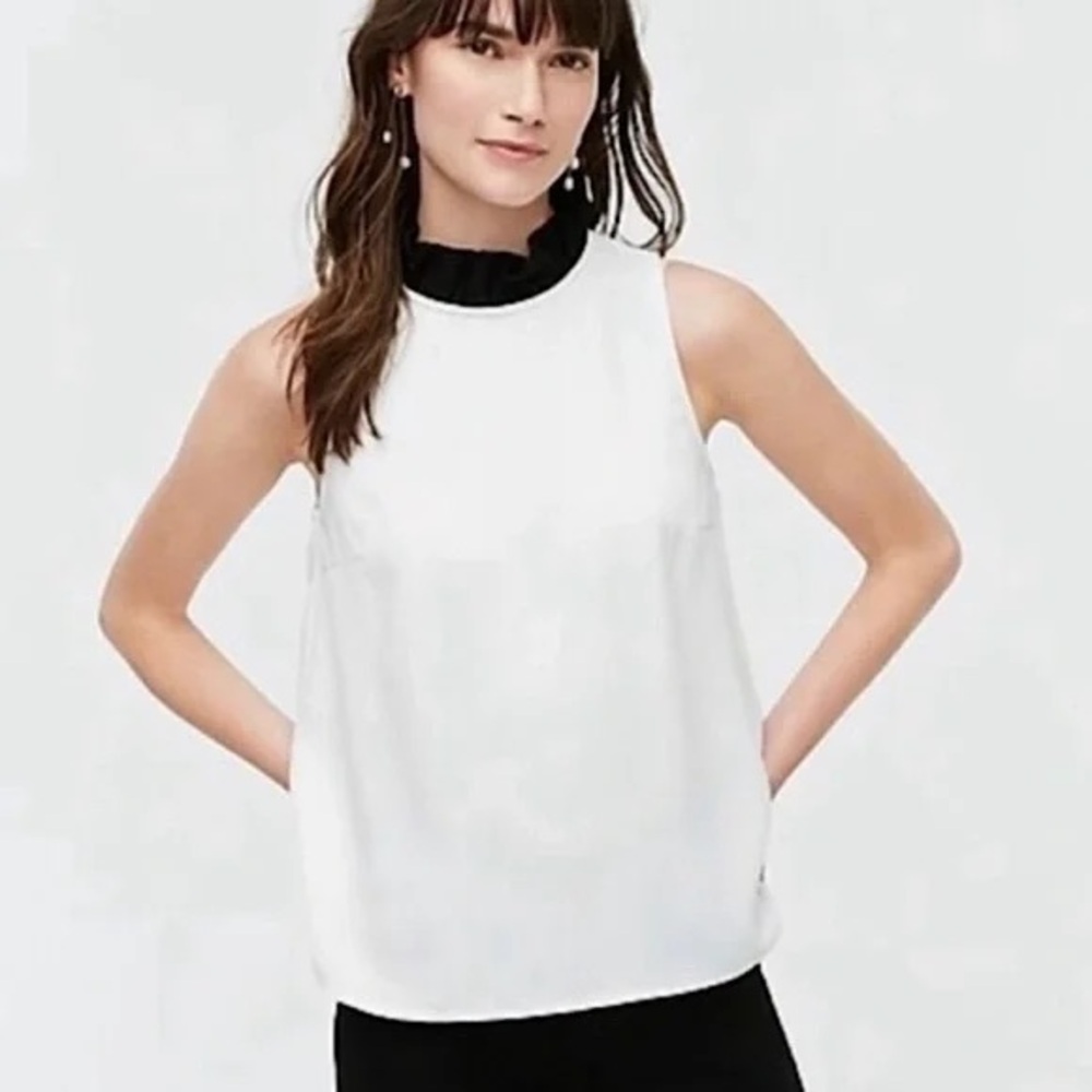 J. Crew Sleeveless White Blouse Black Ruffle Collar, S